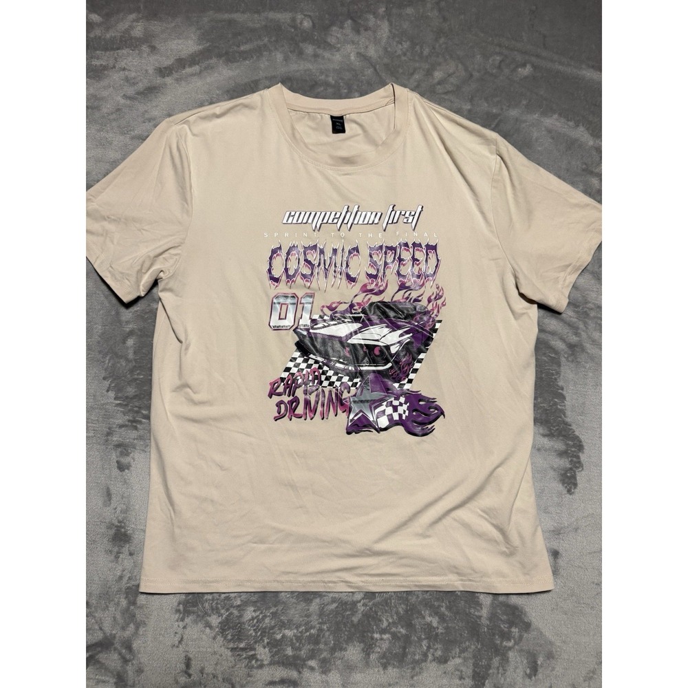 ROMWE T-Shirt Men XL Beige Street Racing Graphic Crew Neck Short Sleeve